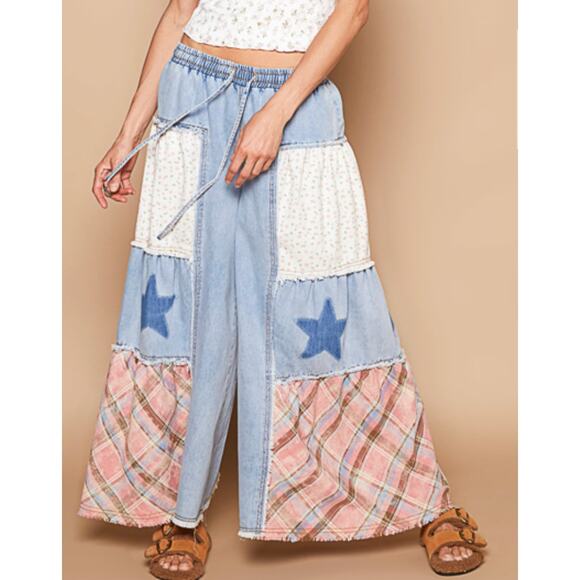 Pol Womens Chambray Star Pull On Drawstring Elastic Waist Wide Leg - Picture 2 of 2